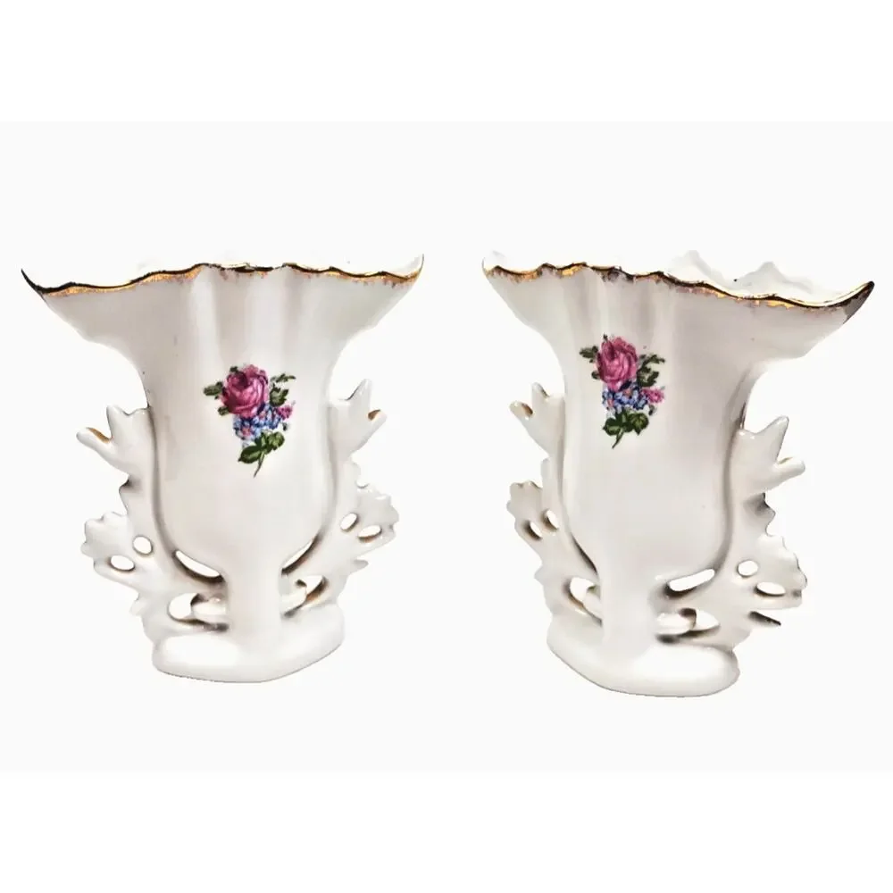 Pair Antique PORTUGAL Old Paris Style Spill Vases w Roses Daisies Circa 1900s